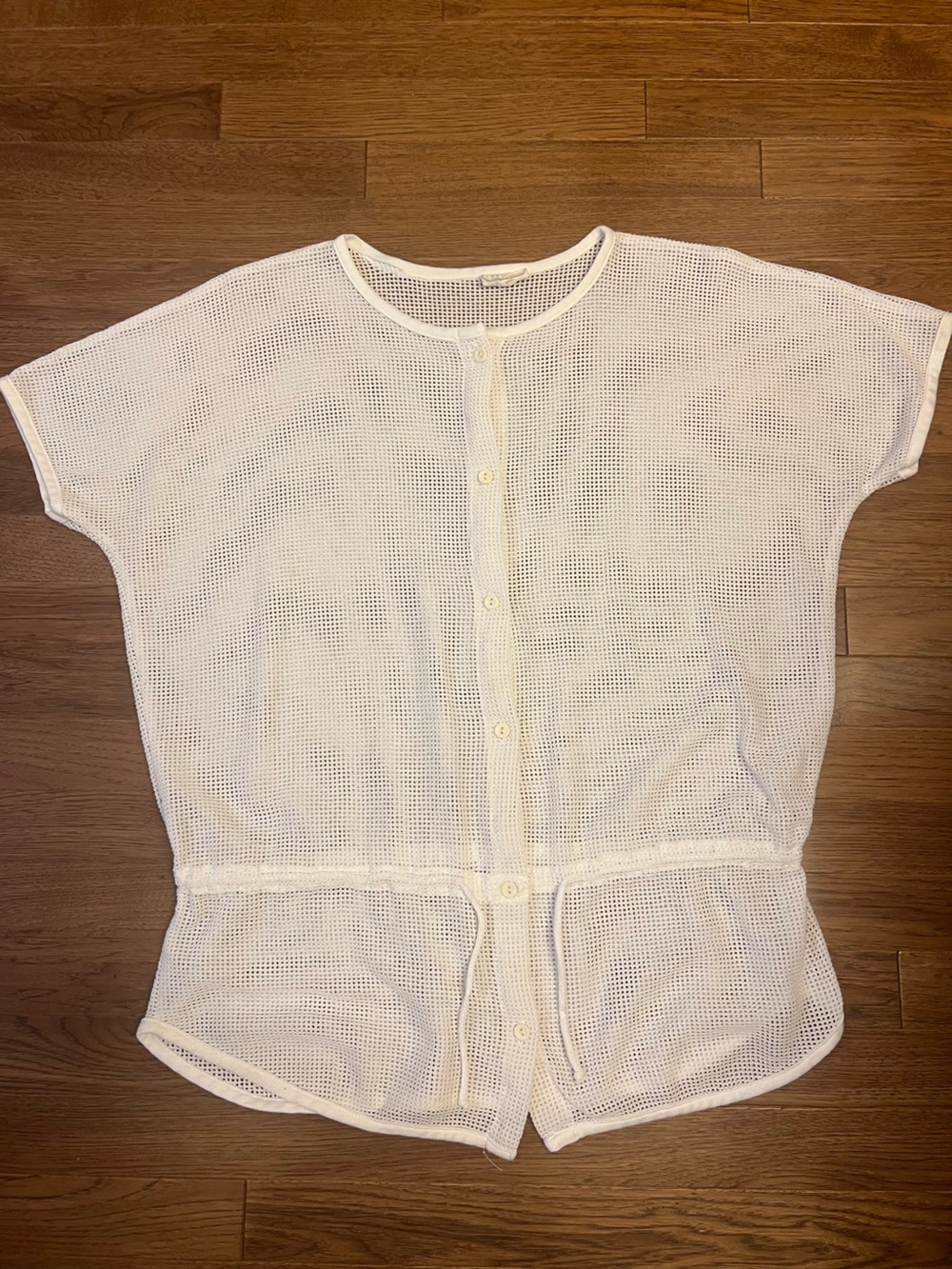 White Short-Sleeve Button-Front Drawstring Mesh Top/Bathing Suit Cover - Picture 3 of 8